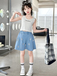 YK Girls Graphic Printed Loose Fit Mid-Rise Denim Shorts