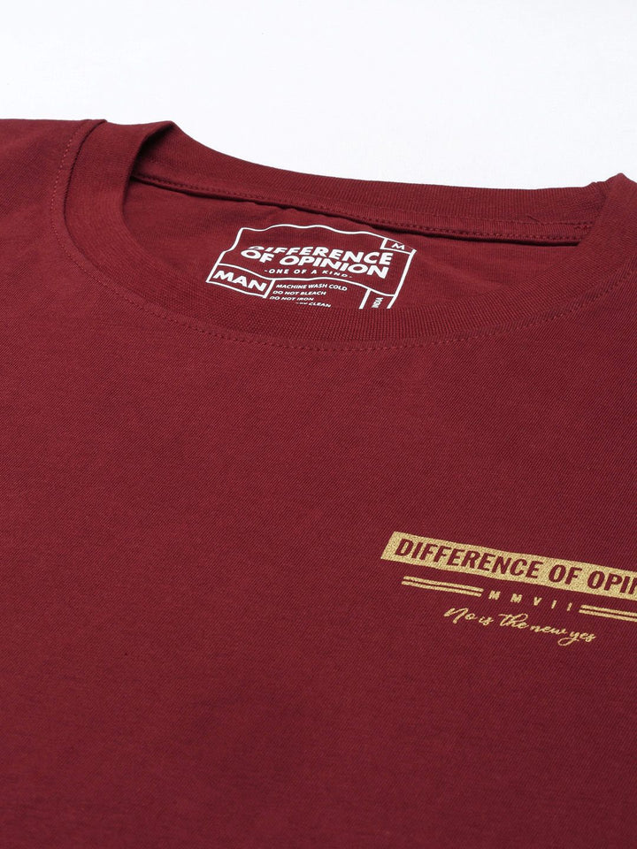Difference of Opinion Men Maroon & Yellow Cotton Printed Drop-Shoulder Oversized T-shirt