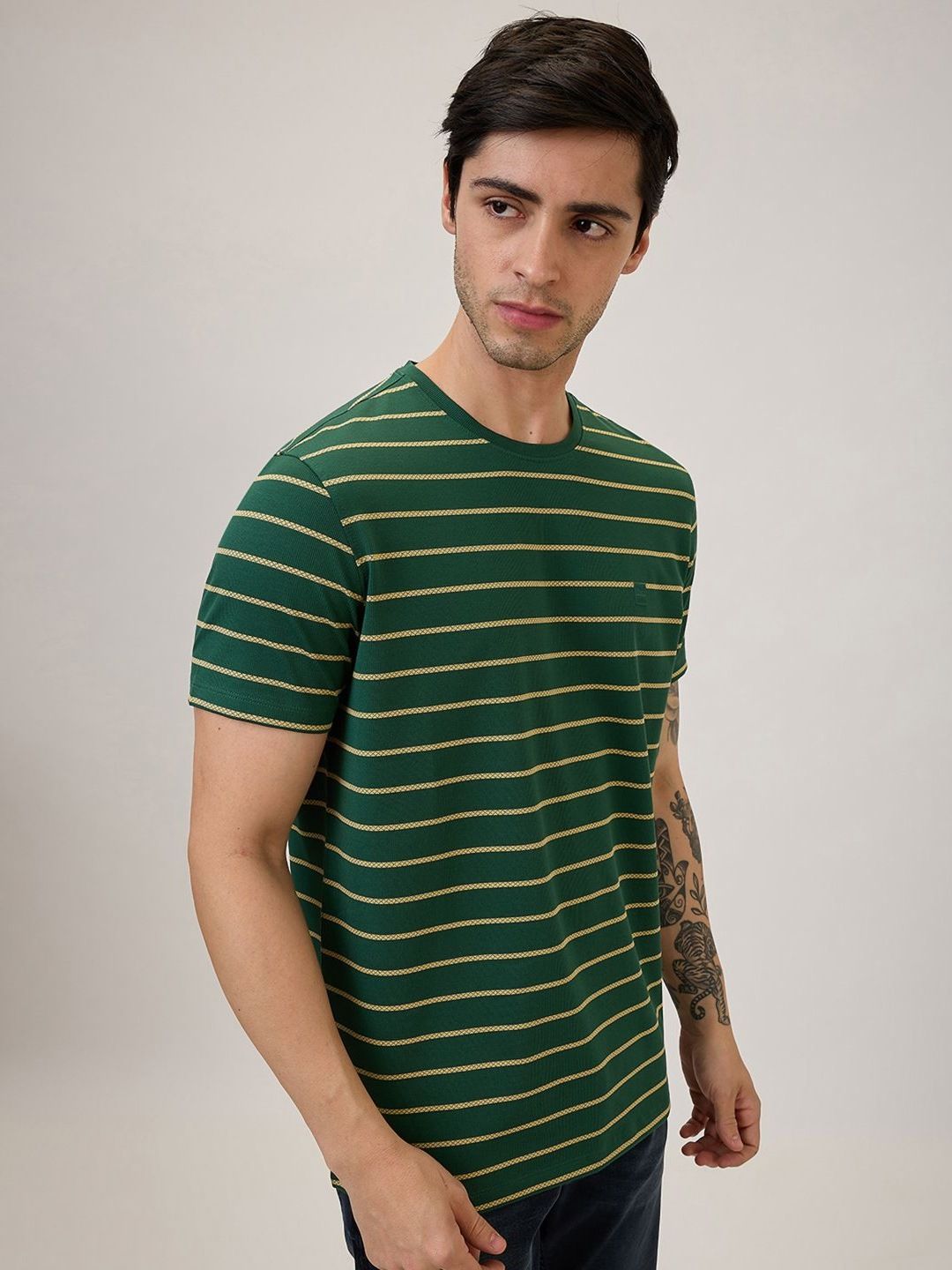 SPYKAR Men Striped Round Neck Cotton Slim Fit T-shirt