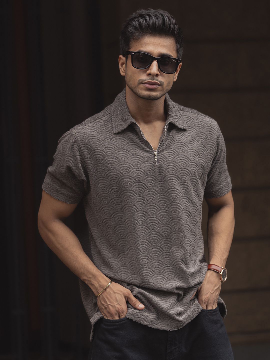 Powerlook Men Self Design Polo Collar T-shirt