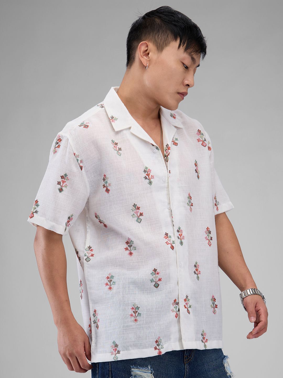 VASTRADO Men White Embroidered Notch Collar Oversized Pure Cotton Shirt