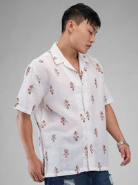 VASTRADO Men White Embroidered Notch Collar Oversized Pure Cotton Shirt