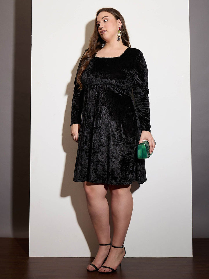 SASSAFRAS Curve Women Square Neck Embellished Velvet Fit & Flare Dress