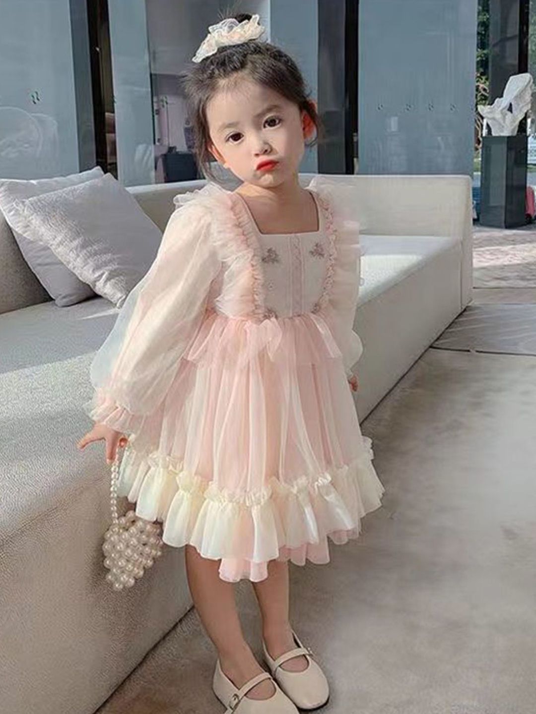 YK Kids-Girls Self Design Square Neck Fit and Flare Dress