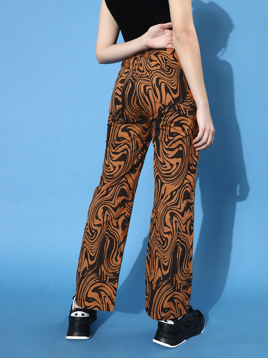 STREET 9 Women Deep Brown Printed Mid-Rise Trousers