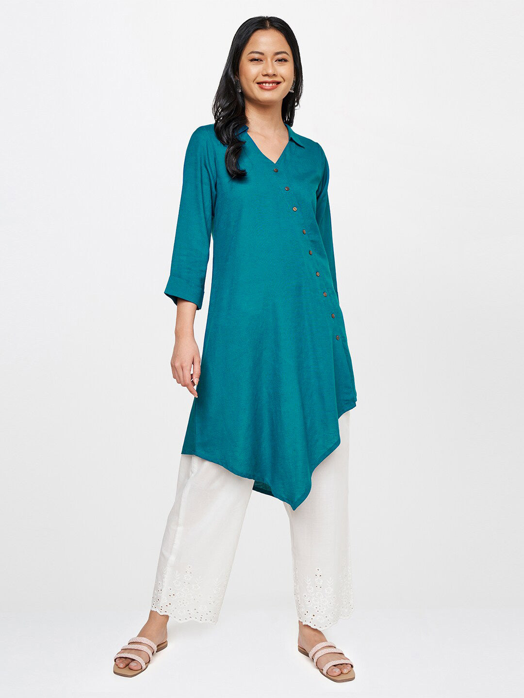 Global Desi Women Teal Solid Rayon Shirt Collar Tunic