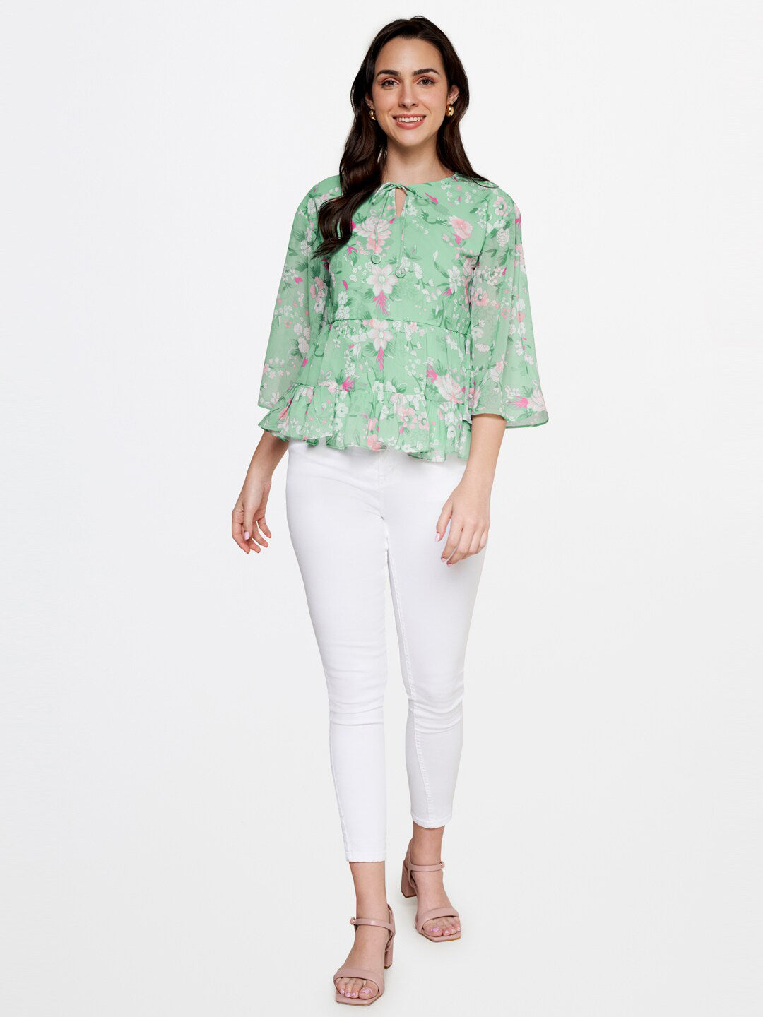 AND Green Floral Print Tie-Up Neck Peplum Top