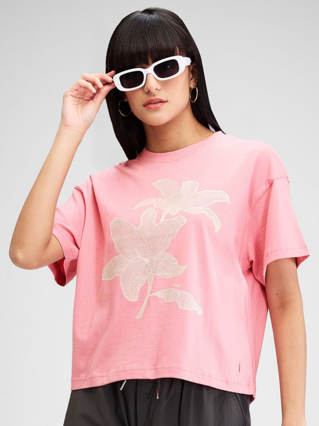 SPYKAR Women Floral Raw Edge Pure Cotton T-shirt