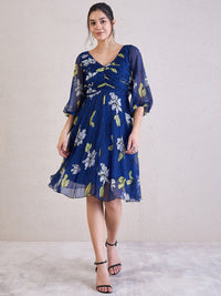 Antheaa Women Floral Print V-Neck Puff Sleeves Chiffon Knee Length Empire Dress