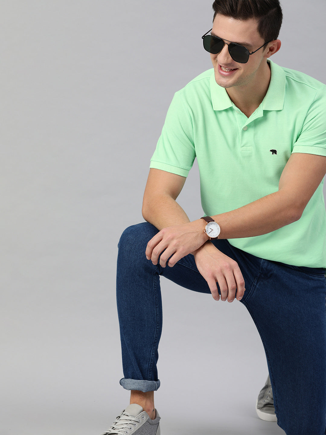 THE BEAR HOUSE Men Green Solid Polo Collar Pure Cotton T-shirt