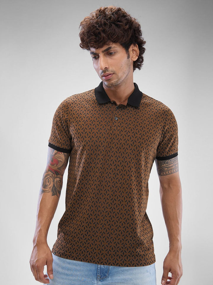 SPYKAR Men Abstract Printed Polo Collar Slim Fit T-shirt