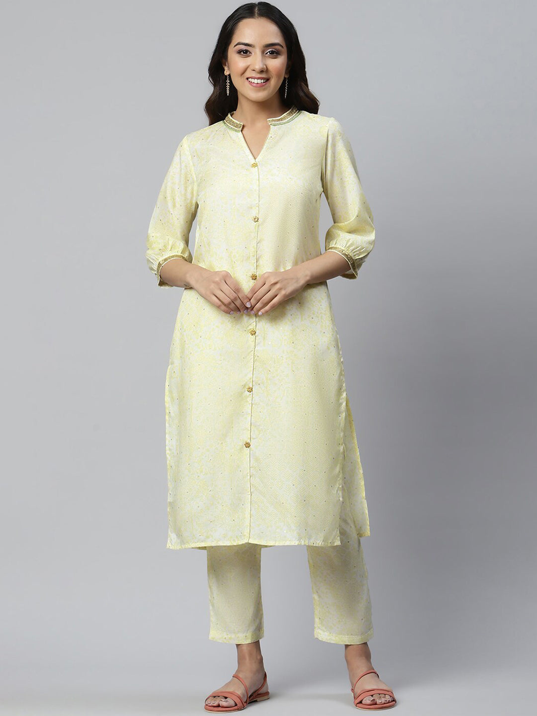 AURELIA Wanita Motif Etnik Hijau Bersulam Kurta Berlapis dengan Seluar