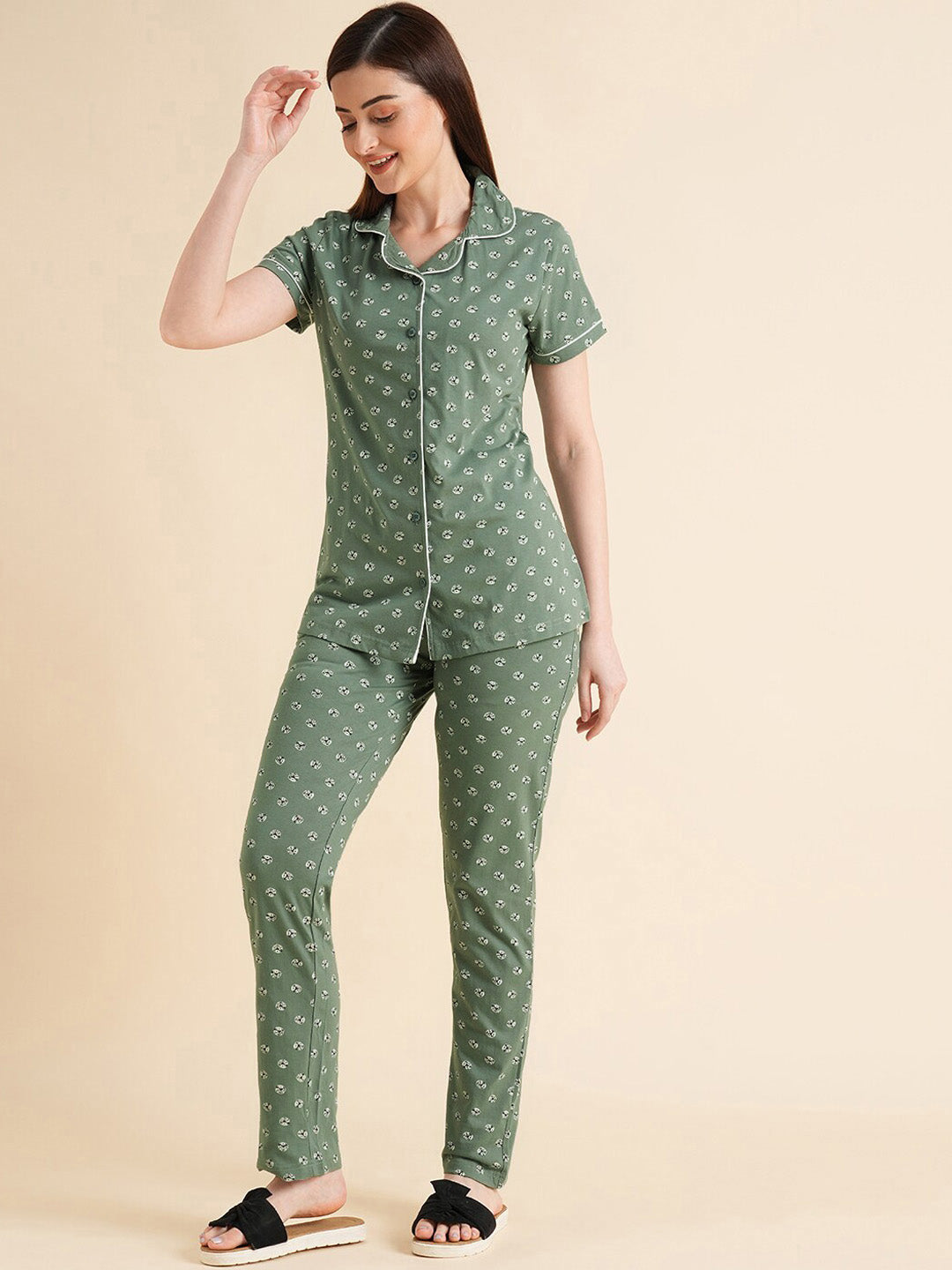 Sweet Dreams Green & White Conversational Printed Pure Cotton Night Suits