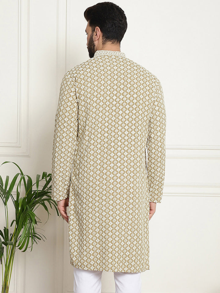 SOJANYA Ethnic Motifs Embroidered Mandarin Collar Sequined Pure Cotton Straight Kurta