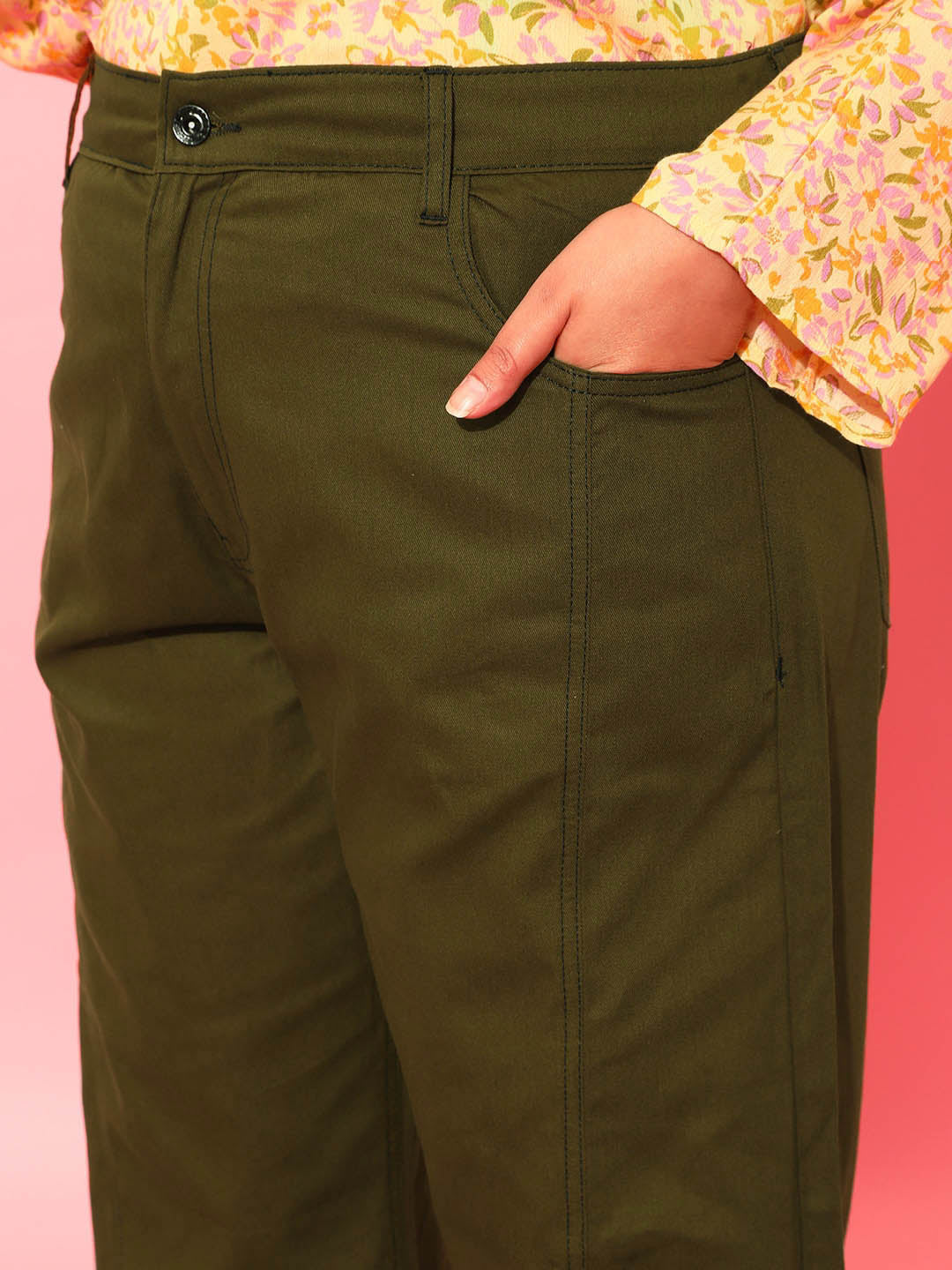 CURVY STREET Women Plus Size Olive Green Relaxed Straight Leg Pure Cotton Trousers