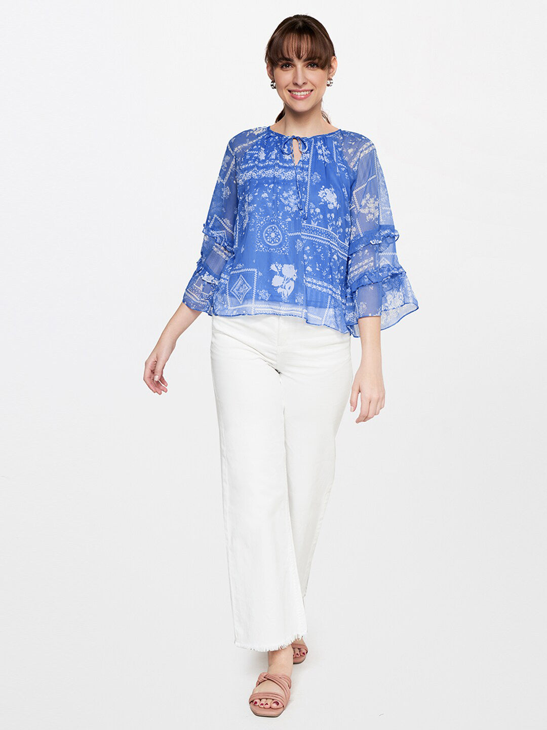 AND Floral Printed Tie-Up Neck Flared Sleeves Top