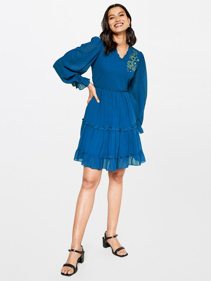 AND V-Neck Embellished Tiered Fit & Flare Dress