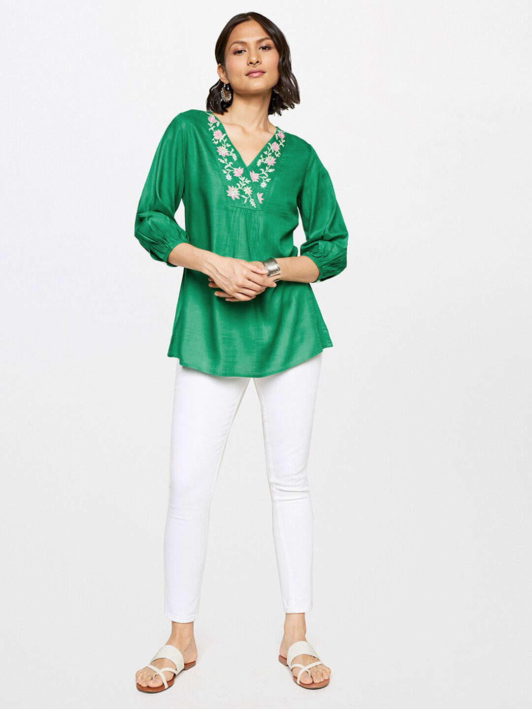 Global Desi V-Neck Embroidered Top