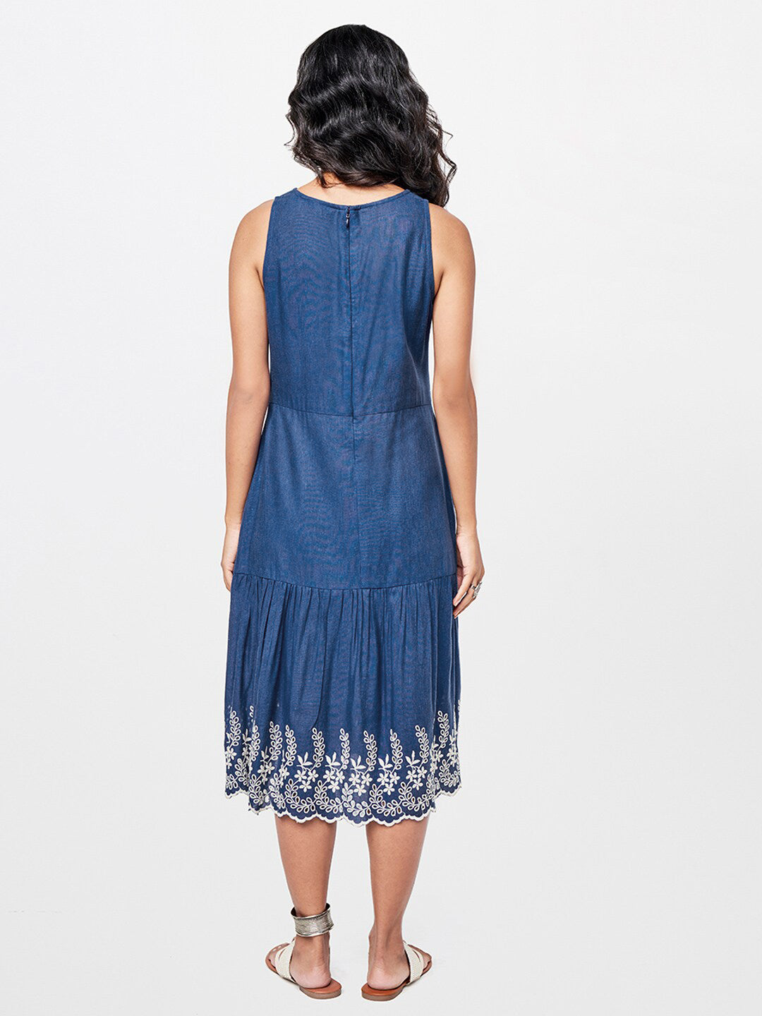 Global Desi Embroidered Round Neck A-Line Midi Dress