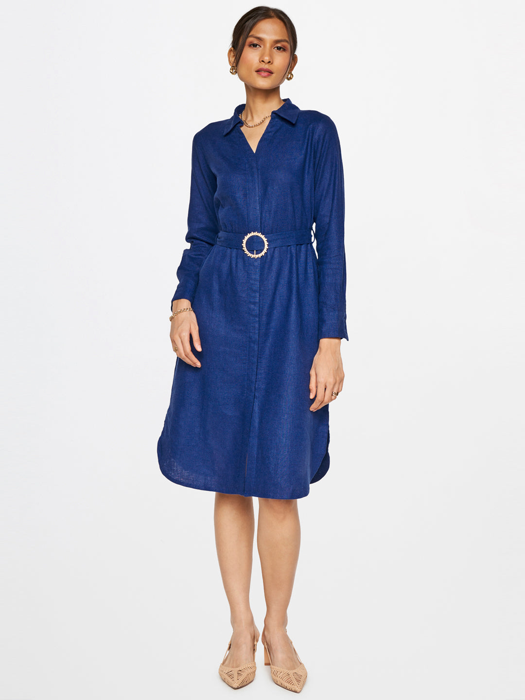 AND Opaque Shirt Collar Casual A-Line Midi Dress