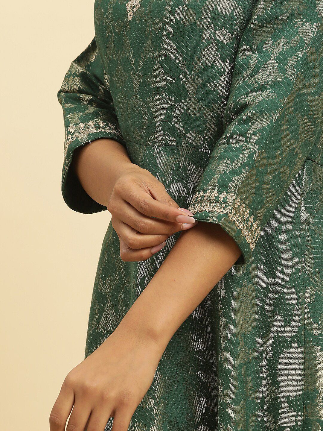 W Green Floral Woven Design Round Neck Gathered Fit & Flare Maxi Ethnic Dress