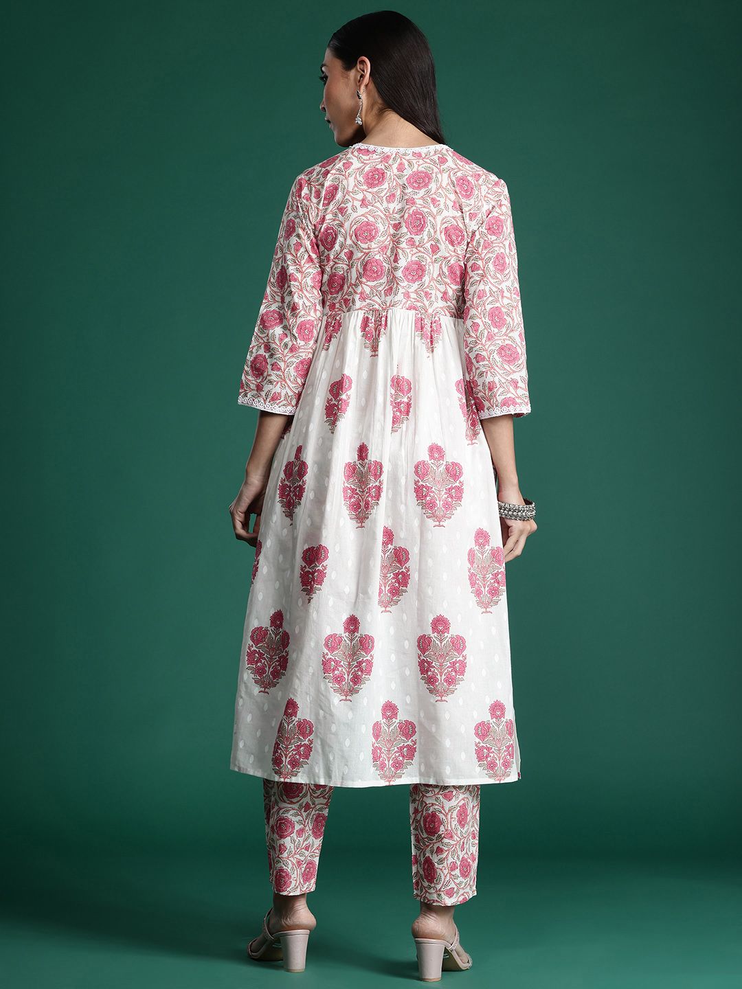 Indo Era Women Floral Printed Empire Pure Cotton Kurta with Trousers