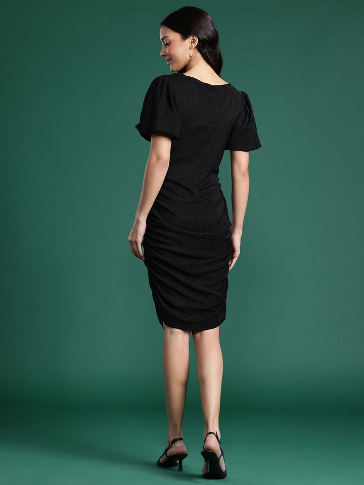 DressBerry Shimmer Finish Ruched Detail Puff Sleeve Mini Dress