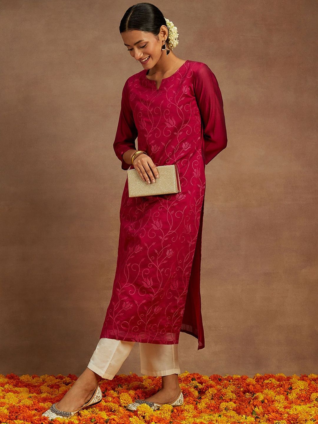 Libas Floral Printed Thread Work Chanderi Silk Kurta