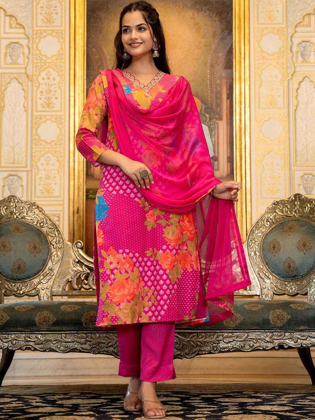 KALINI Floral Printed Straight Sequinned Kurta with Trousers & Dupatta