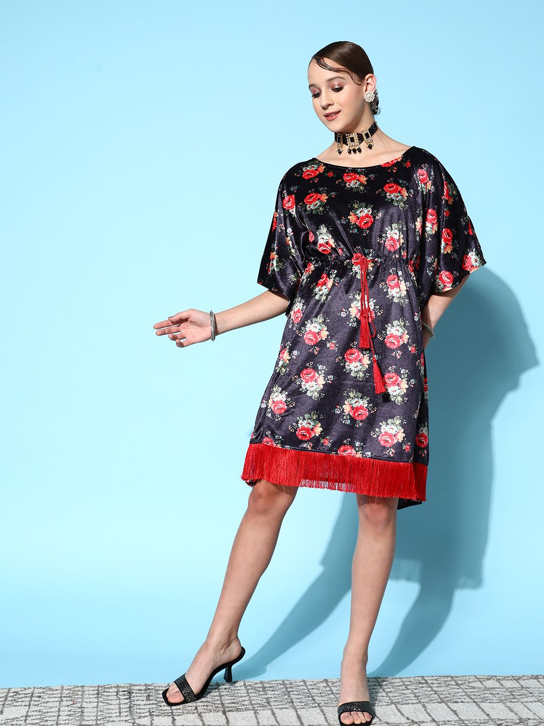 Shae by SASSAFRAS Navy Blue & Red Floral Print Velvet Ethnic Kaftan Dress