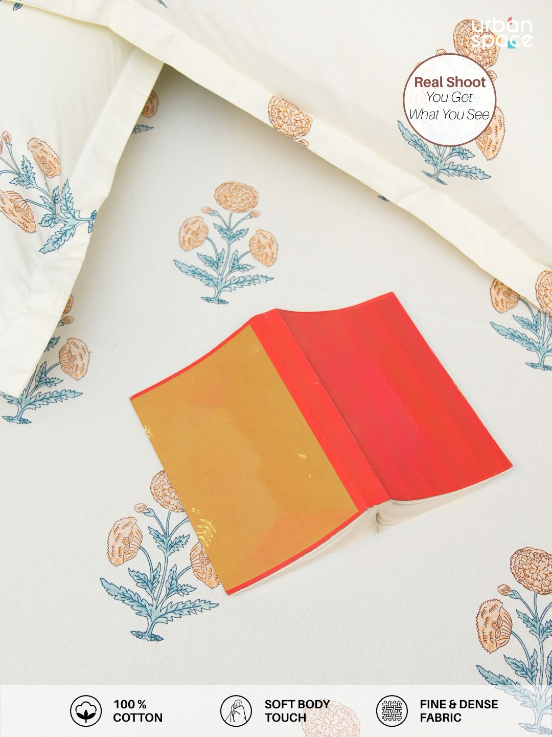 URBAN SPACE Yellow & Blue Printed 200 TC Cotton Single Bedsheet with 1 Pillow Cover