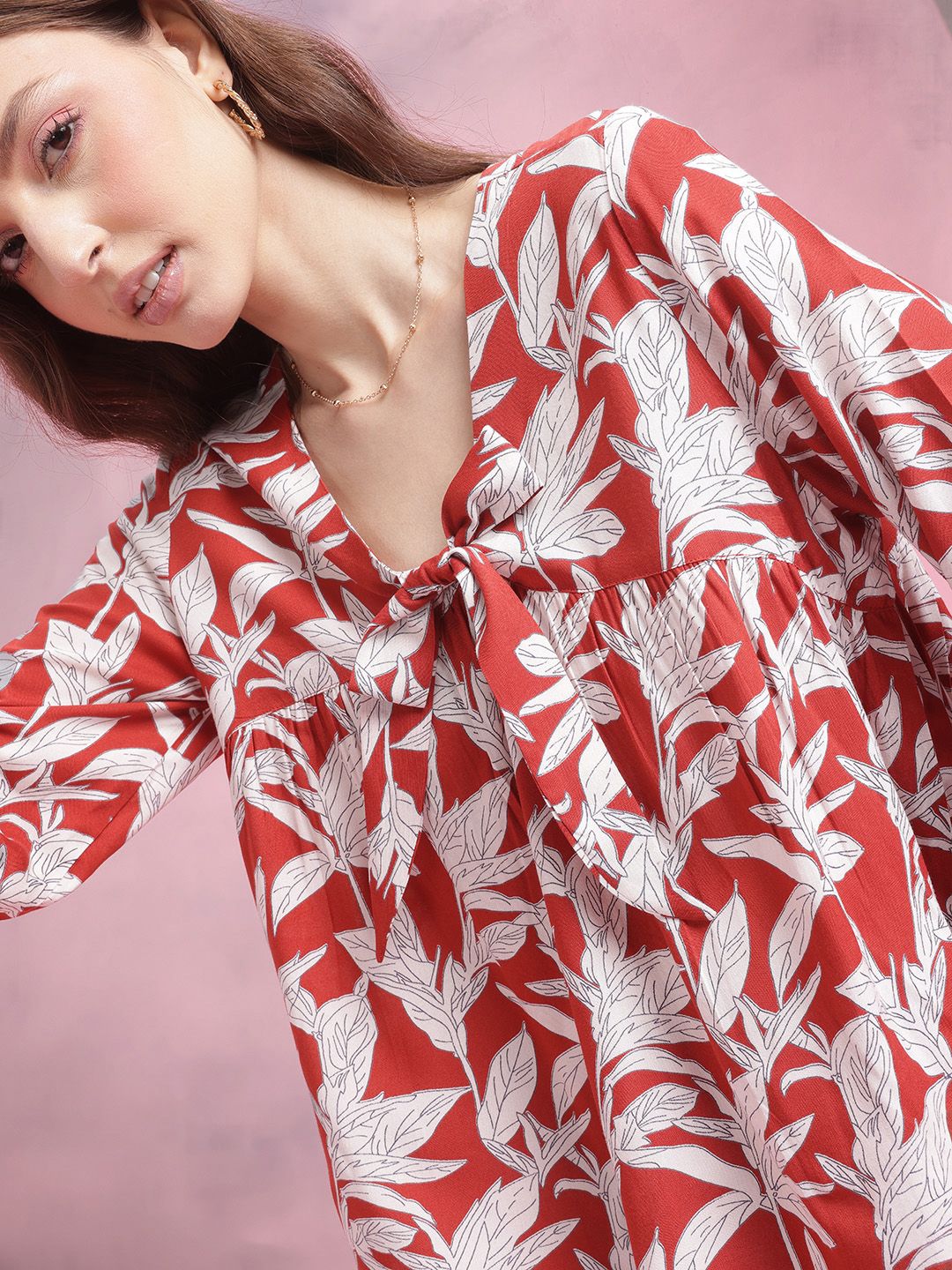 DressBerry Floral Print Tie-Up Neck Puff Sleeve Top