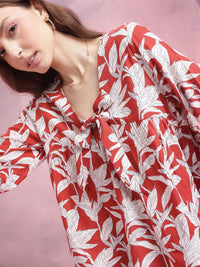 DressBerry Floral Print Tie-Up Neck Puff Sleeve Top