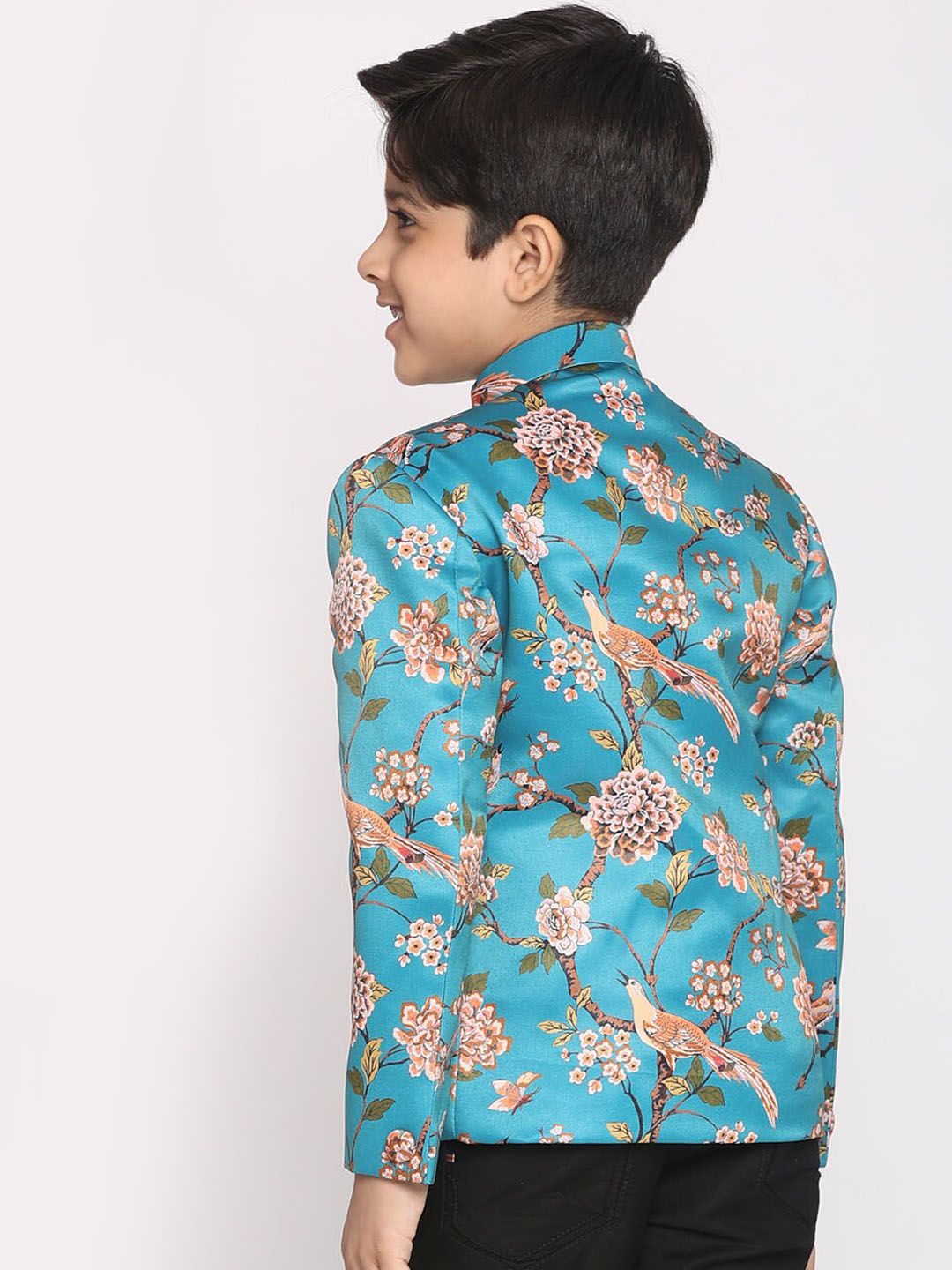 VASTRAMAY Boys Turquoise Blue Printed Bandhgala Blazer