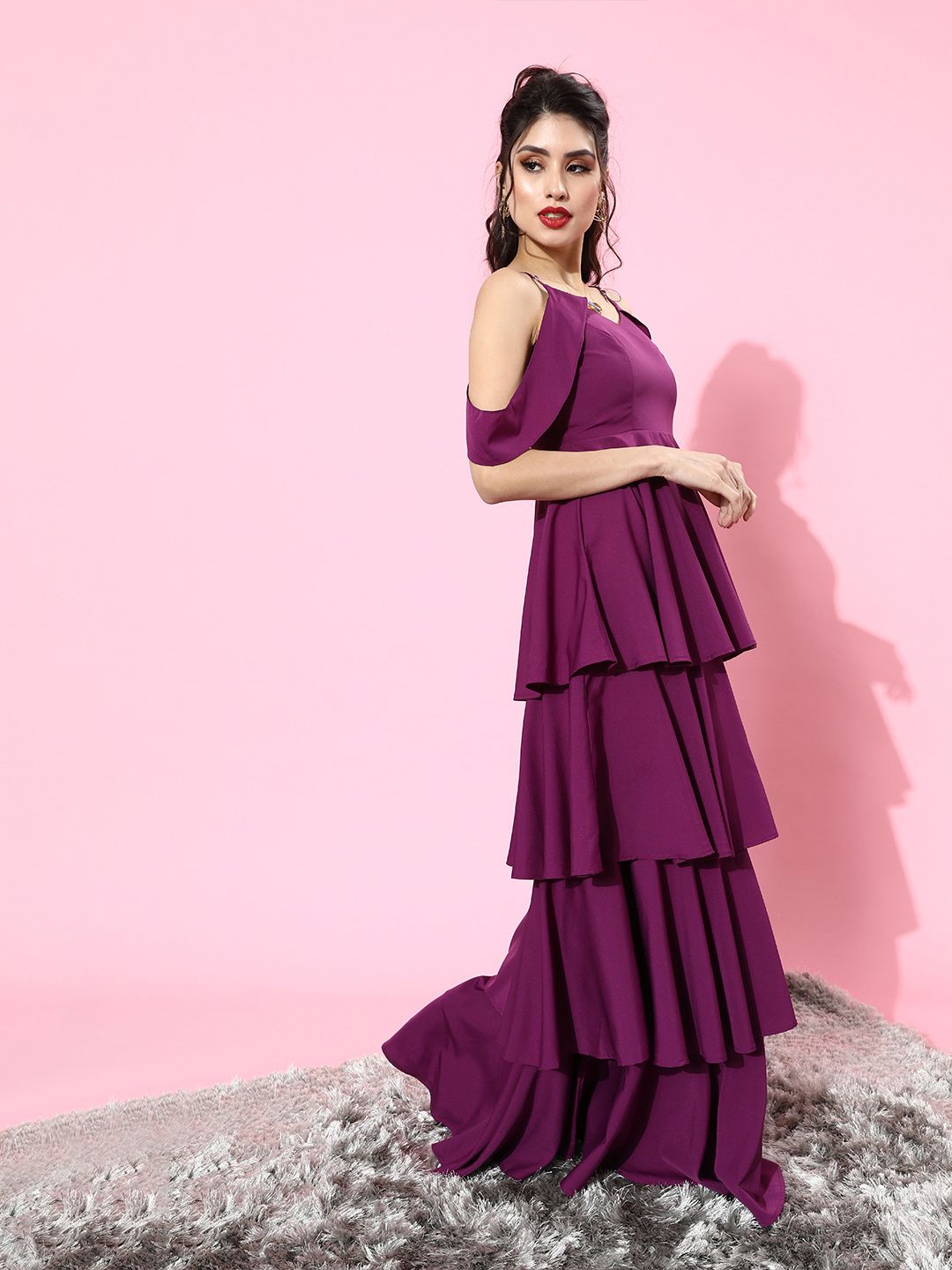 Berrylush Women Charming Purple Solid Tiered Dress