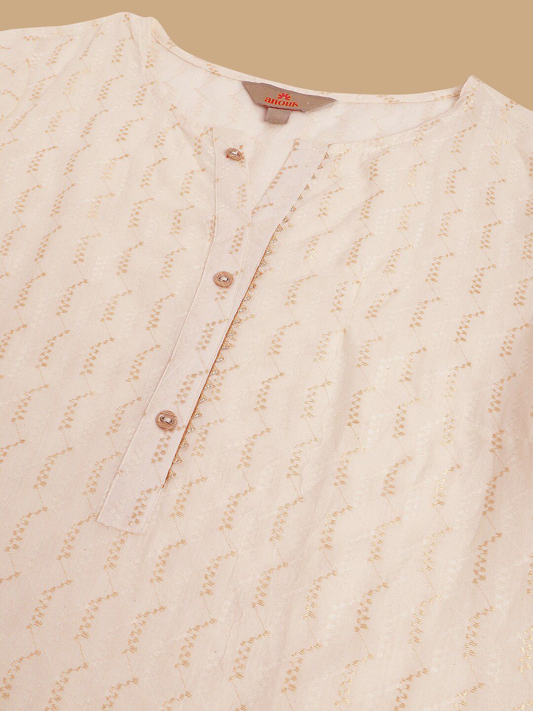 Anouk Off White Printed Mandarin Collar Cotton Straight Kurta