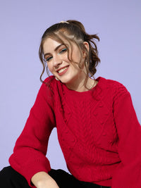 STREET 9 Women Gorgeous Red Cable Knit Cable Knit Sweater