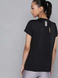 HRX By Hrithik Roshan Women Jet Black Printed Rapid-Dry Antimicrobial Running Tshirt