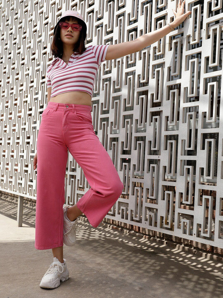 STREET 9 Pink & White Striped Polo Collar Crop Pure Cotton T-shirt