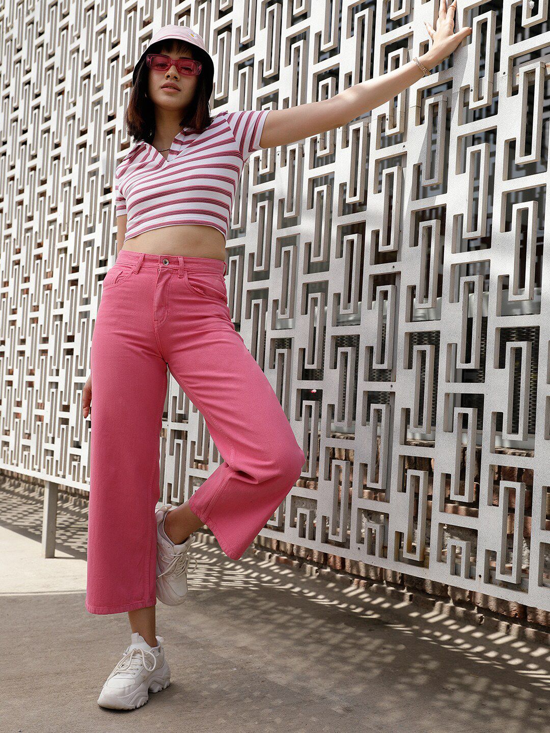 STREET 9 Pink & White Striped Polo Collar Crop Pure Cotton T-shirt