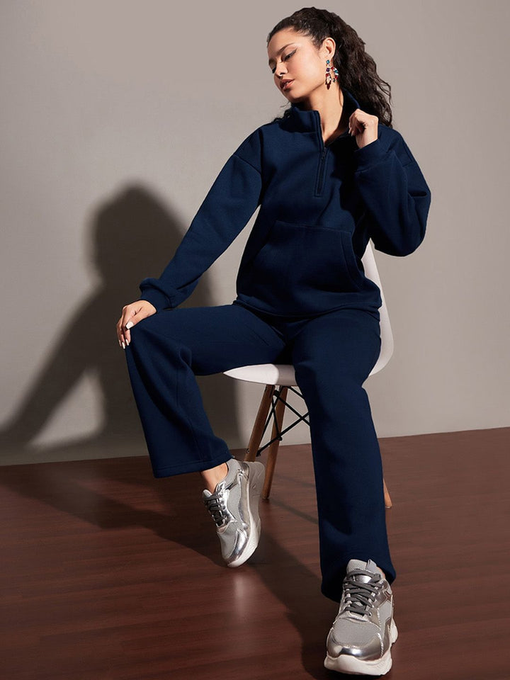 SASSAFRAS Women Navy Blue Relaxed Fit Mid-Rise Fleece Track Pants