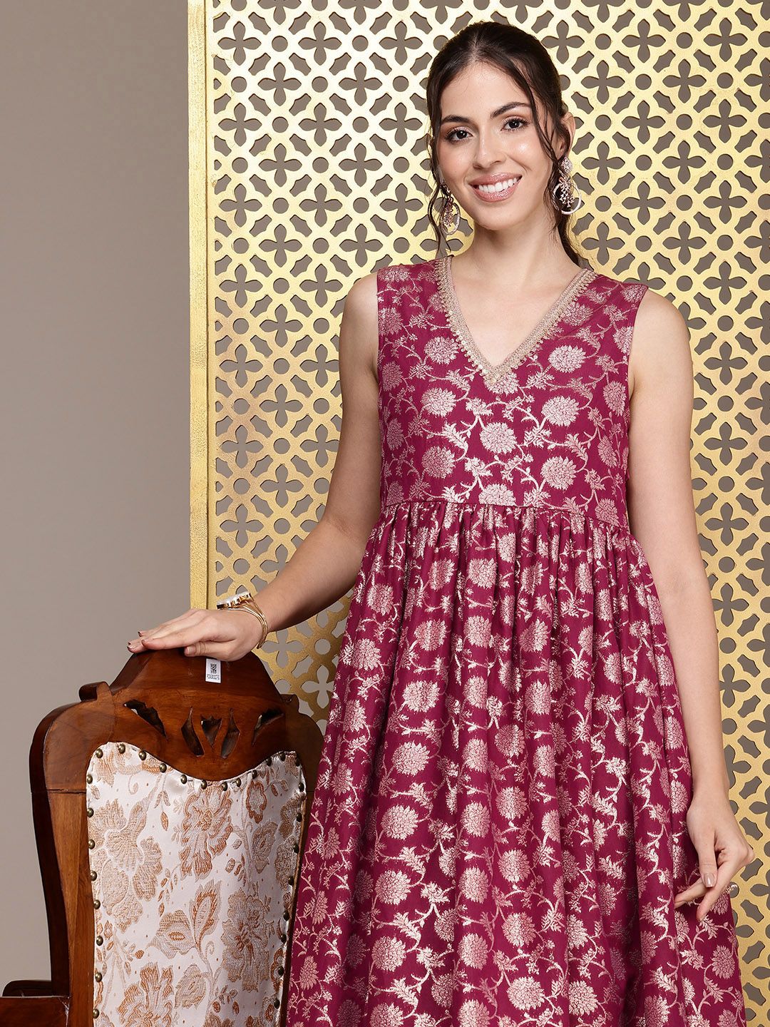 House of Pataudi Floral Embroidered A-Line Midi Jashn Dress