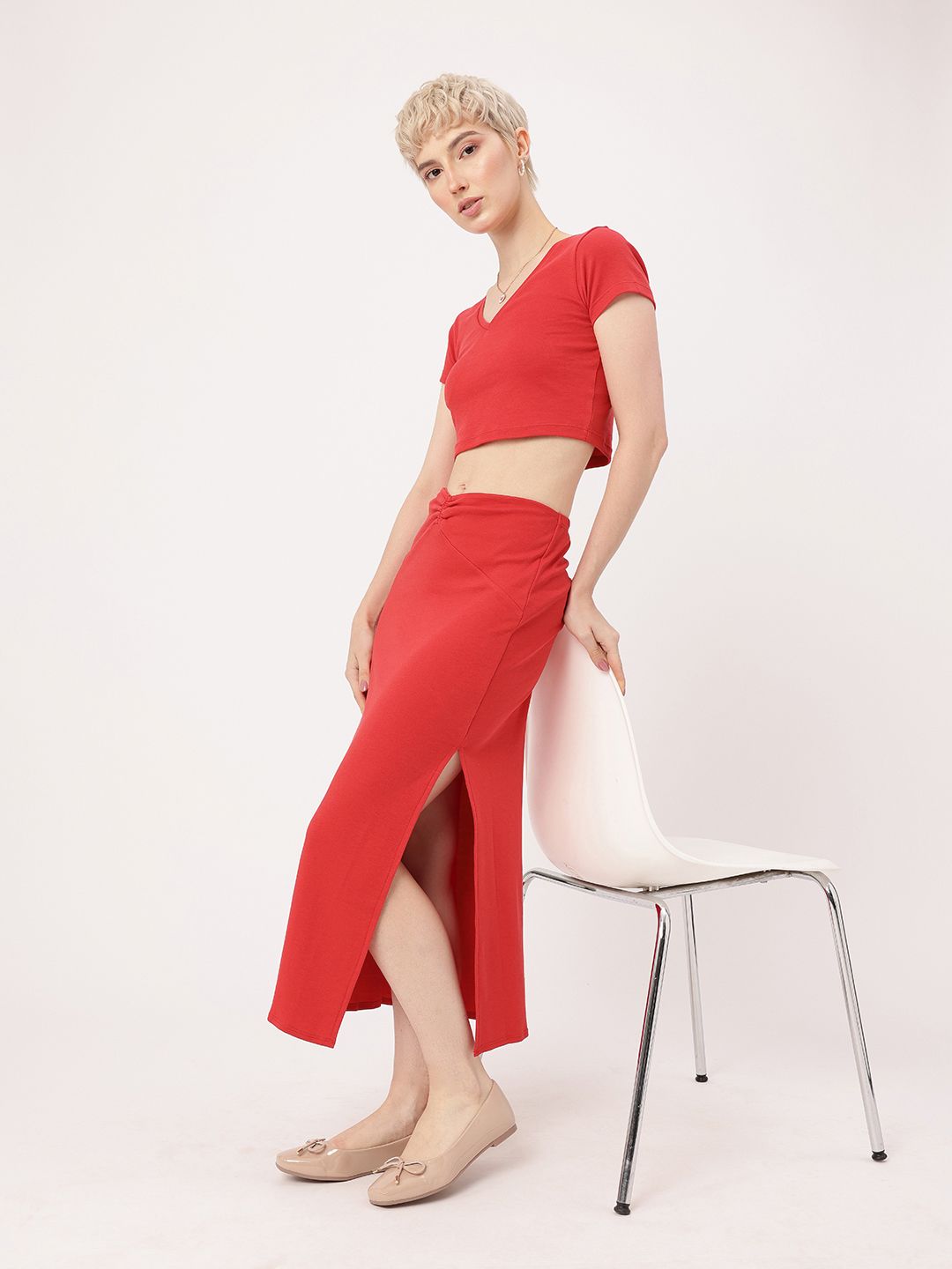 DressBerry Cherry Red Ruched-V Co-ords