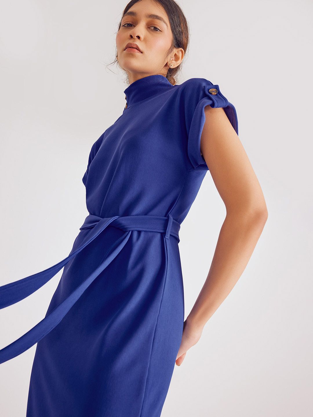 The Label Life High Neck Buttoned Details Sheath Dress With Belt