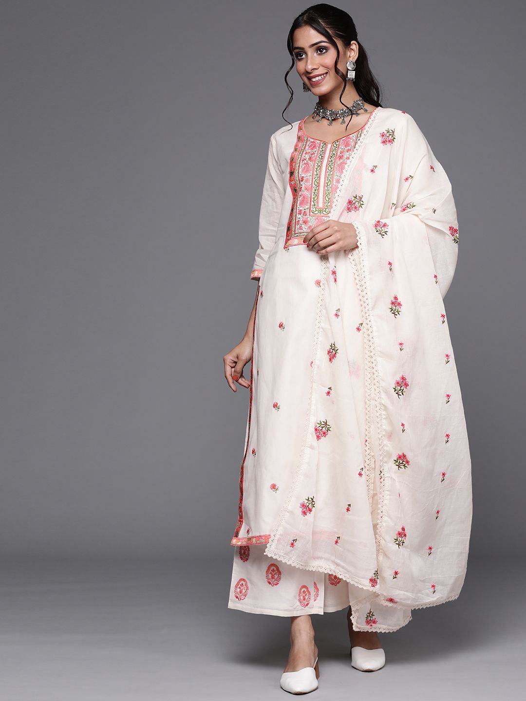 Libas Women Off White & Pink Cotton Floral Thread Work Kurta with Palazzos & Dupatta