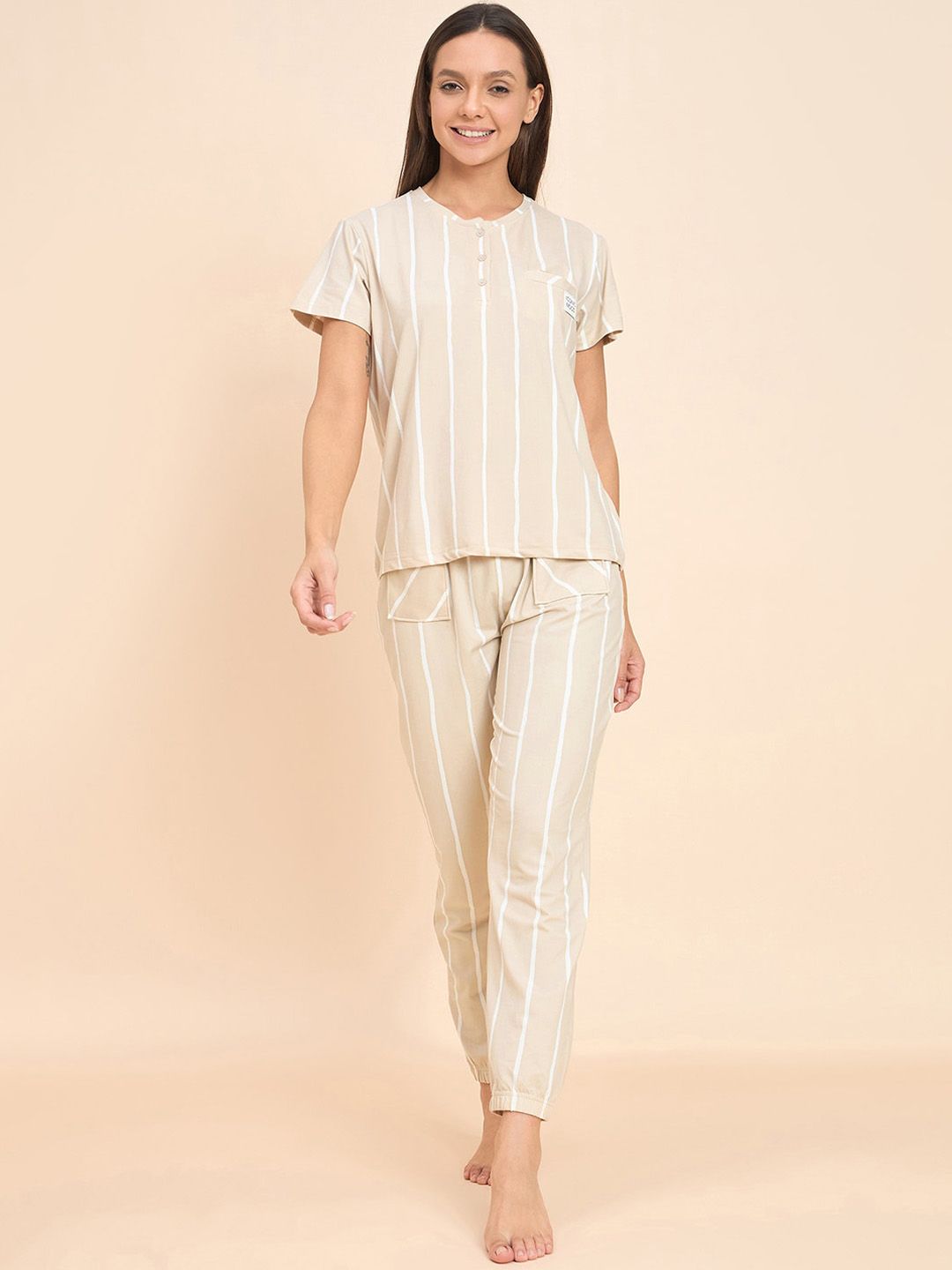 Sweet Dreams Beige Striped T-shirt With Pyjamas