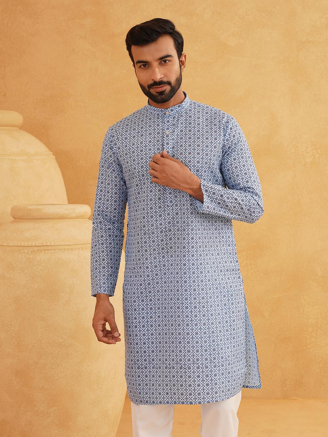 SOJANYA Men Geometric Printed Cotton Linen Kurta