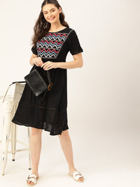 DressBerry Black Embroidered Detail A-Line Dress