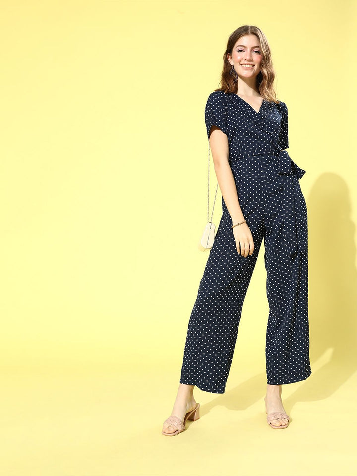 Berrylush Navy Blue & White Shawl Neck Printed Culotte Jumpsuit