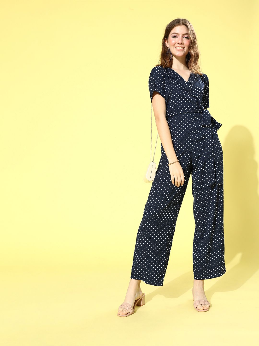 Berrylush Navy Blue & White Shawl Neck Printed Culotte Jumpsuit